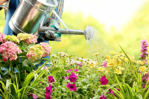 Lawn care service working on a garden
